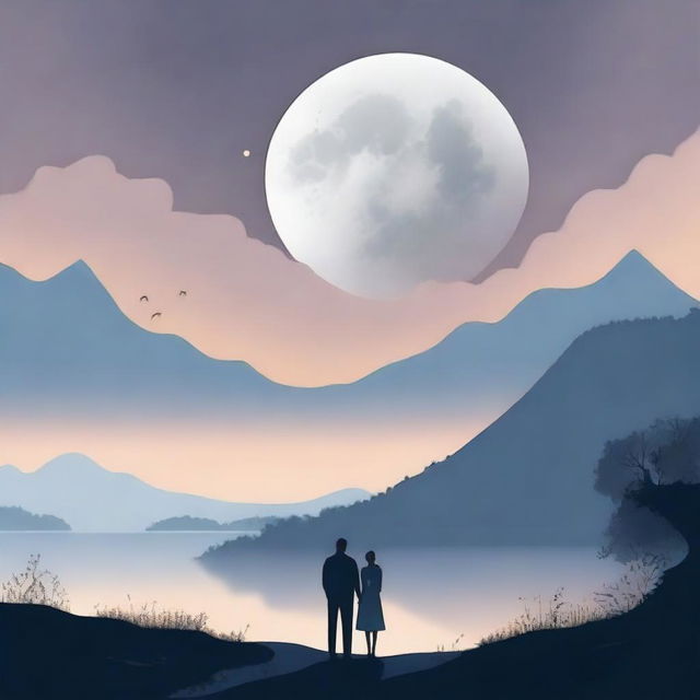 A beautiful landscape featuring the moon and two people, a man and a woman