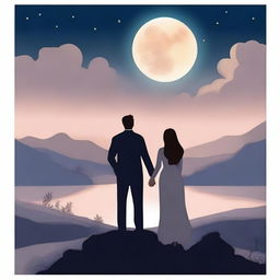 A beautiful landscape featuring the moon and two people, a man and a woman