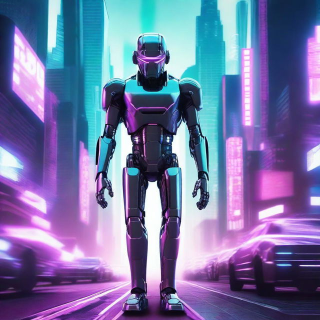 Create a visually stunning movie poster featuring an AI character in a futuristic cityscape