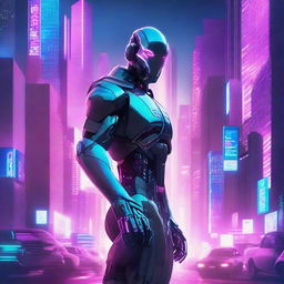 Create a visually stunning movie poster featuring an AI character in a futuristic cityscape