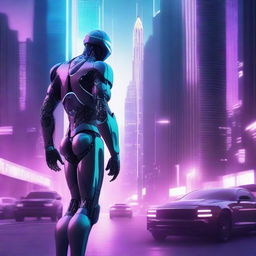 Create a visually stunning movie poster featuring an AI character in a futuristic cityscape