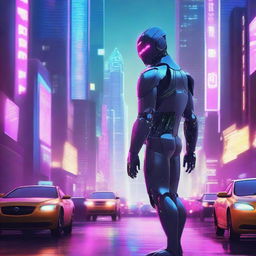 Create a visually stunning movie poster featuring an AI character in a futuristic cityscape