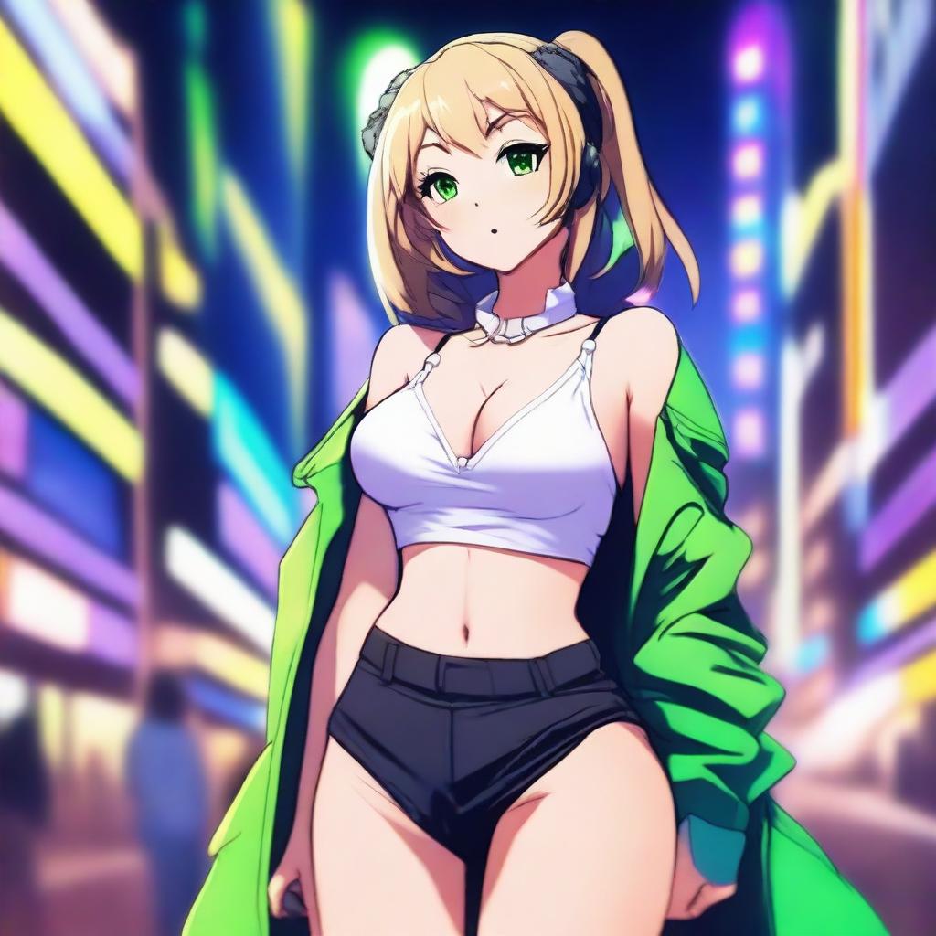 Create an anime girl with a playful and alluring expression, wearing a stylish and slightly revealing outfit