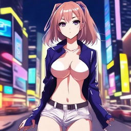 Create an anime girl with a playful and alluring expression, wearing a stylish and slightly revealing outfit