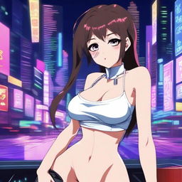 Create an anime girl with a playful and alluring expression, wearing a stylish and slightly revealing outfit