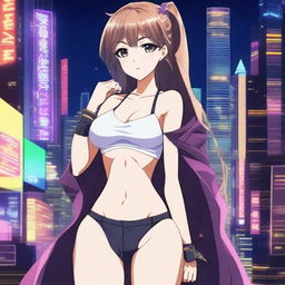 Create an anime girl with a playful and alluring expression, wearing a stylish and slightly revealing outfit