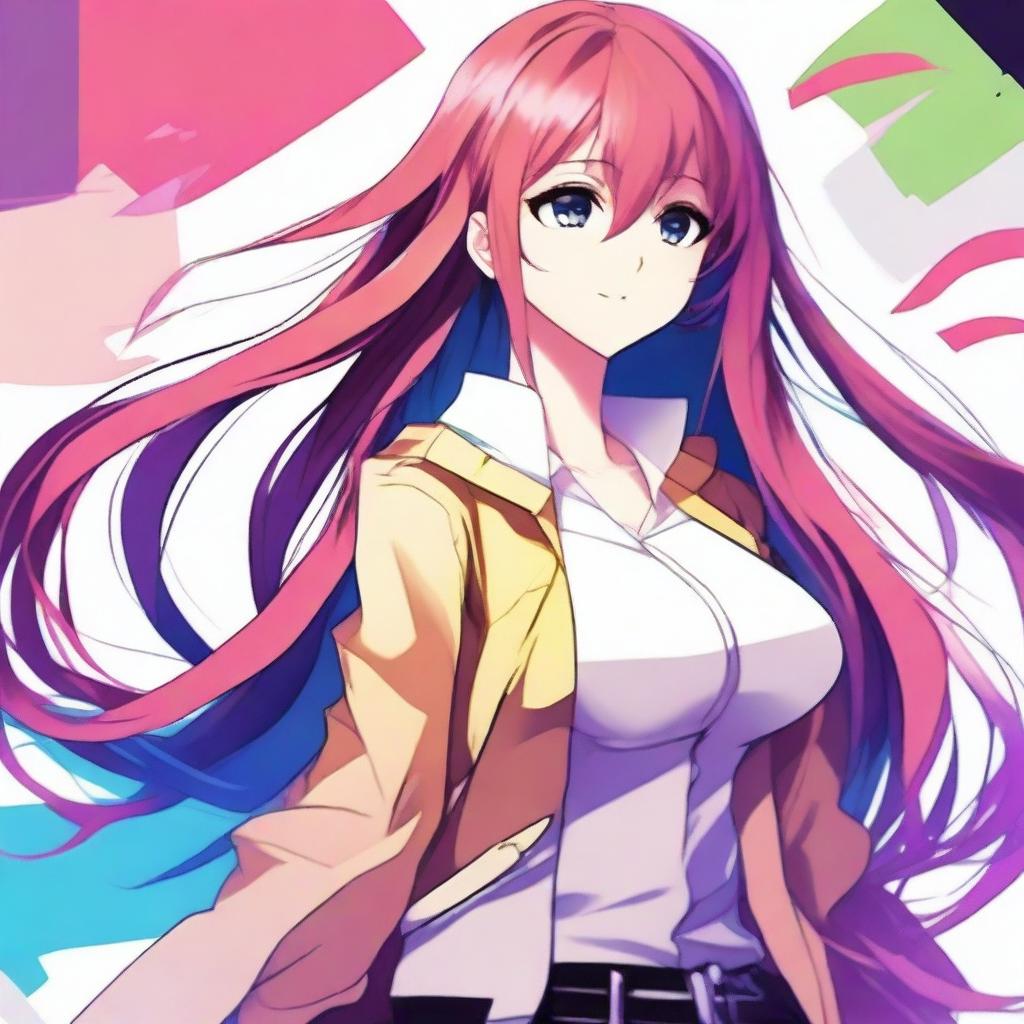 Create an image of an attractive anime girl with long flowing hair, wearing stylish clothing