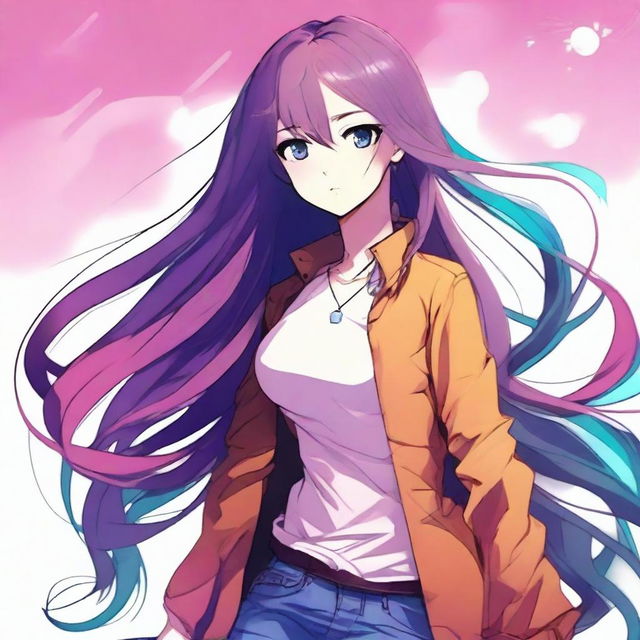 Create an image of an attractive anime girl with long flowing hair, wearing stylish clothing