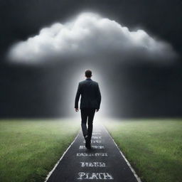 A motivated individual coming out of a dark cloud labeled 'procrastination', stepping into a bright path labeled 'productivity'