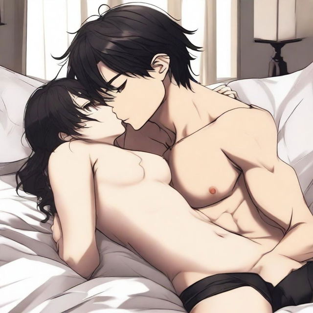 A sensual scene featuring an anime girl in black underwear kissing a boy on a bed