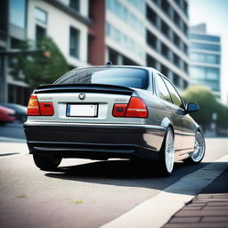 A realistic and detailed image focusing on the rear end of a BMW E46