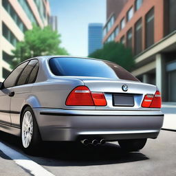 A realistic and detailed image focusing on the rear end of a 2005 BMW E46