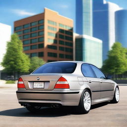 A realistic and detailed image focusing on the rear end of a 2005 BMW E46