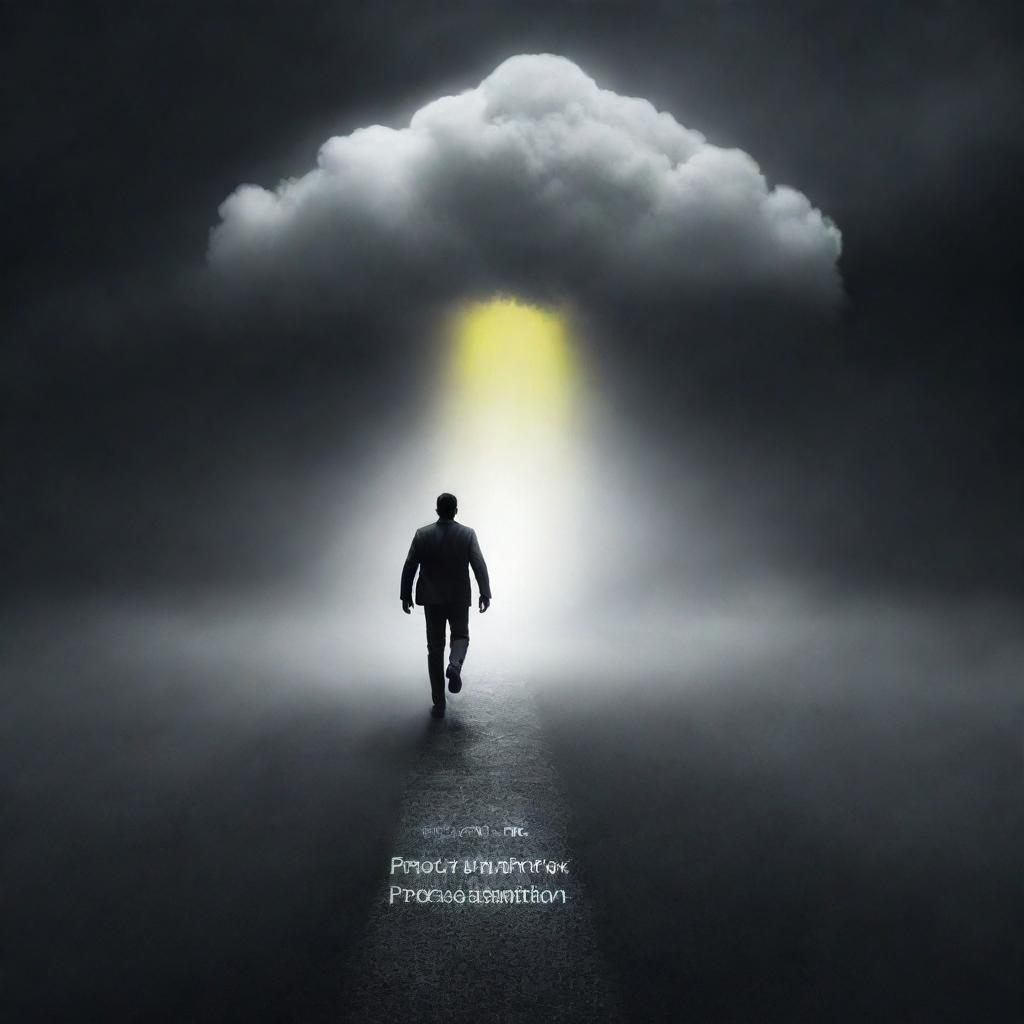 A motivated individual coming out of a dark cloud labeled 'procrastination', stepping into a bright path labeled 'productivity'