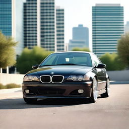 A realistic and detailed image focusing on the front end of a 2005 BMW E46