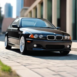 A realistic and detailed image focusing on the front end of a 2005 BMW E46