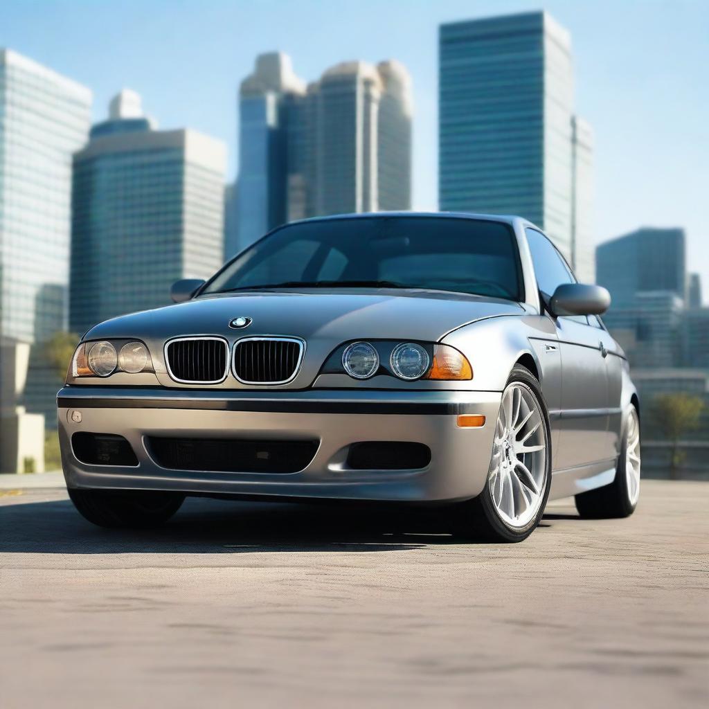 A realistic and detailed image focusing on the front end of a 2005 BMW E46