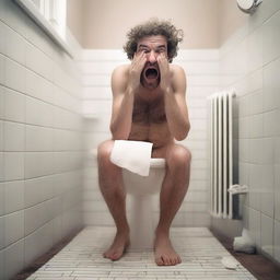 A person is standing in a bathroom, looking distressed as they realize there is no toilet paper left