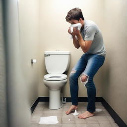 A person is standing in a bathroom, looking distressed as they realize there is no toilet paper left