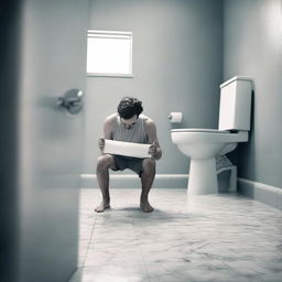 A person is standing in a bathroom, looking distressed as they realize there is no toilet paper left