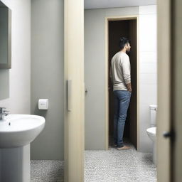 A man is standing at the doorway of a bathroom