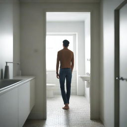 A man is standing at the doorway of a bathroom