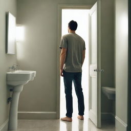 A man is standing at the doorway of a bathroom