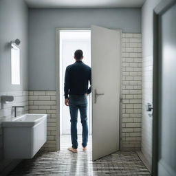 A man is standing at the doorway of a bathroom