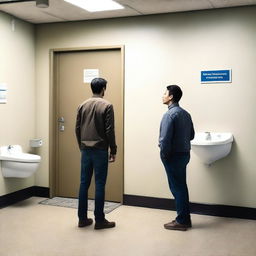 A man is standing at the entrance of a public restroom