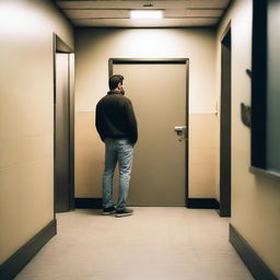 A man is standing at the entrance of a public restroom