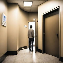 A man is standing at the entrance of a public restroom