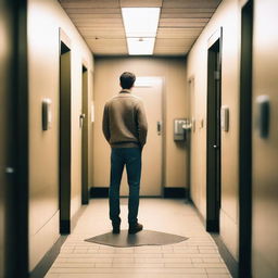 A man is standing at the entrance of a public restroom