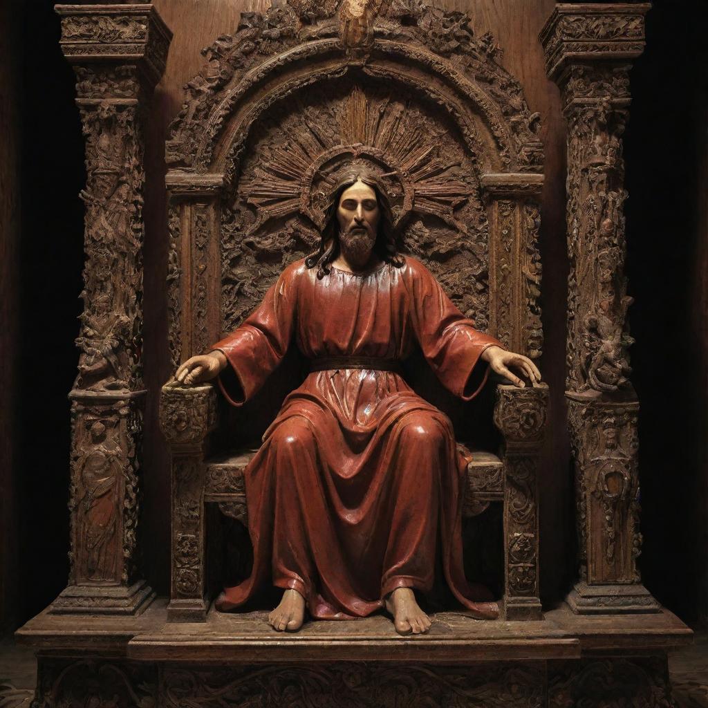 A deeply symbolic image of Jesus, portrayed in a saintly light, sitting on an ornately carved demonic looking throne, with a humbled Satan kneeling at his feet.