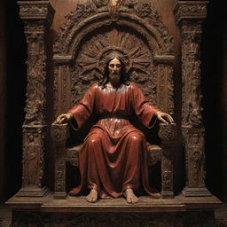 A deeply symbolic image of Jesus, portrayed in a saintly light, sitting on an ornately carved demonic looking throne, with a humbled Satan kneeling at his feet.