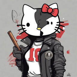 A depiction of Hello Kitty with a rebellious twist, featuring a cigar in her mouth and a 'badboy' attitude