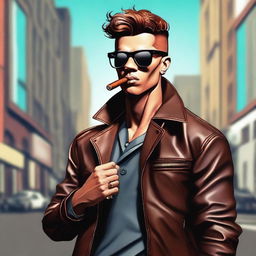 A depiction of a 'badboy' character with a cigar in his mouth and wearing stylish glasses