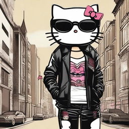 A depiction of Hello Kitty with a rebellious twist, featuring a cigar in her mouth and stylish glasses