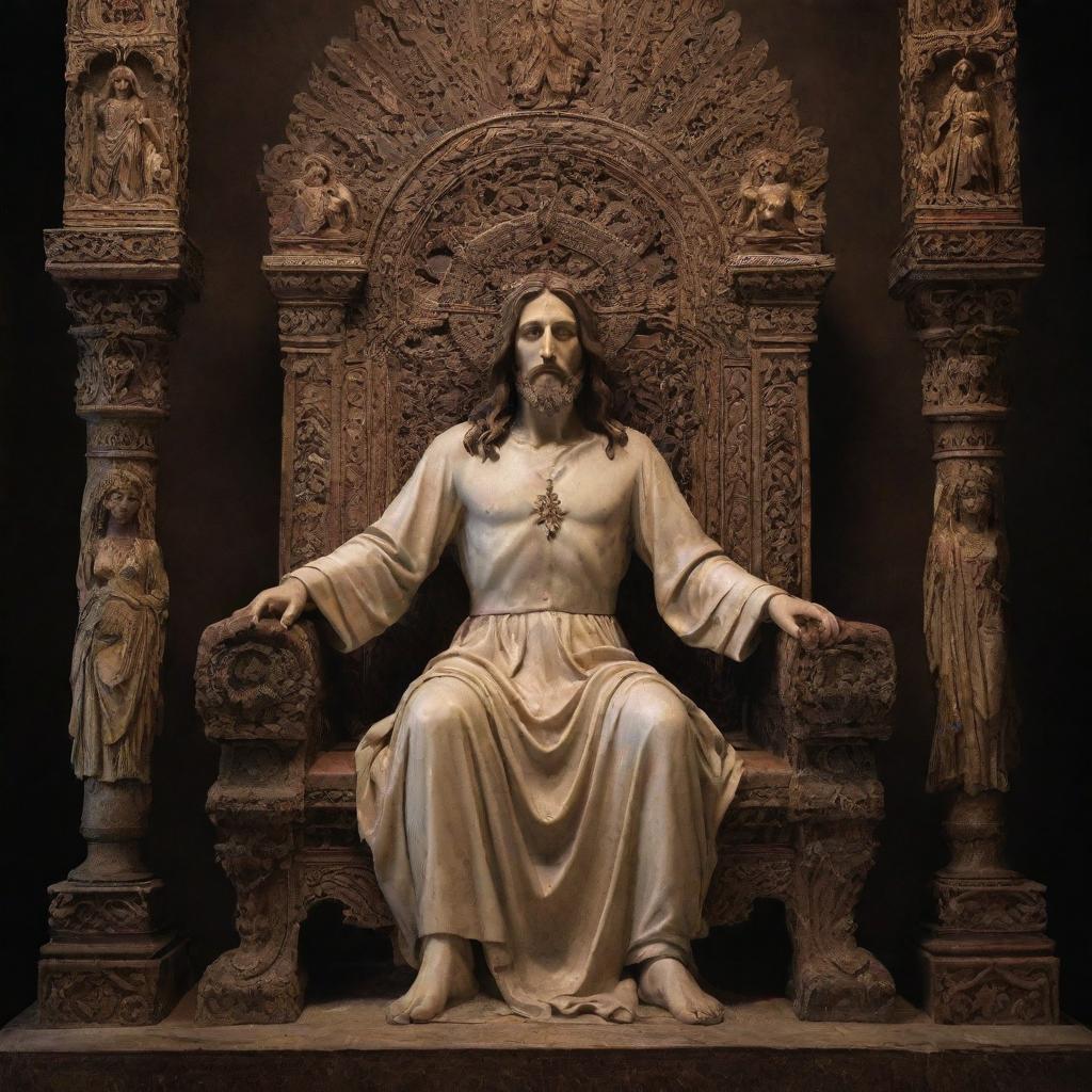 A deeply symbolic image of Jesus, portrayed in a saintly light, sitting on an ornately carved demonic looking throne, with a humbled Satan kneeling at his feet.