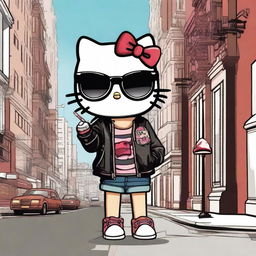 A depiction of Hello Kitty with a rebellious twist, featuring a cigar in her mouth and stylish glasses