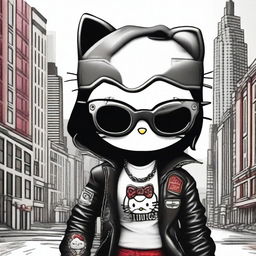 A depiction of Hello Kitty with a rebellious twist, featuring a cigar in her mouth and stylish glasses