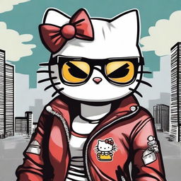 A depiction of Hello Kitty with a rebellious twist, featuring a cigar in her mouth and stylish glasses