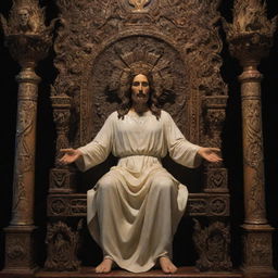 A deeply symbolic image of Jesus, portrayed in a saintly light, sitting on an ornately carved demonic looking throne, with a humbled Satan kneeling at his feet.