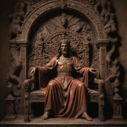 A deeply symbolic image of Jesus, portrayed in a saintly light, sitting on an ornately carved demonic looking throne, with a humbled Satan kneeling at his feet.