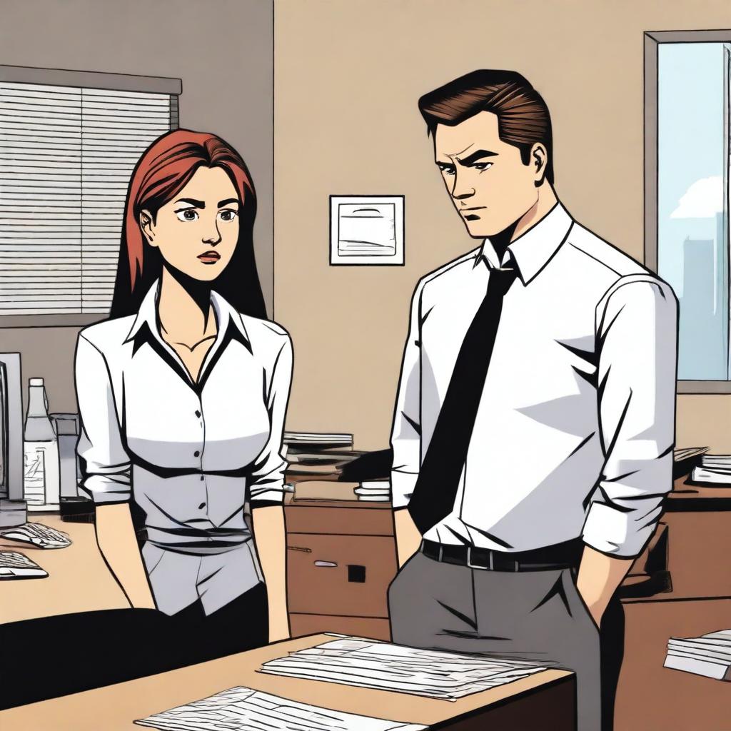 A dramatic scene depicting a girlfriend cheating with her boss in an office setting