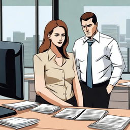 A dramatic scene depicting a girlfriend cheating with her boss in an office setting