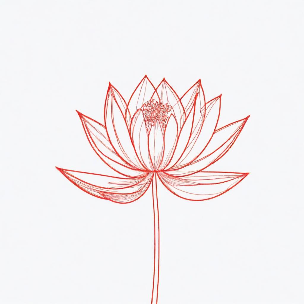 A delicate, continuous line drawing of a red lotus in a minimalist style.