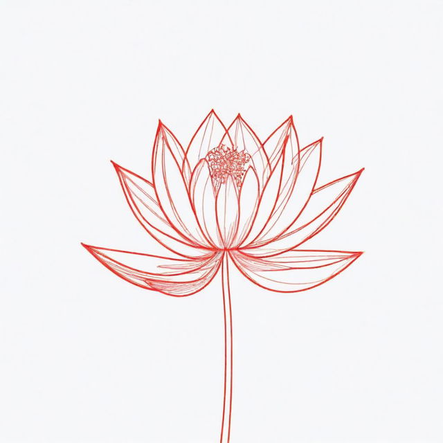 A delicate, continuous line drawing of a red lotus in a minimalist style.
