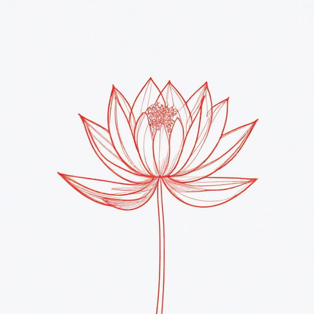 A delicate, continuous line drawing of a red lotus in a minimalist style.