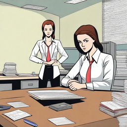 A dramatic scene depicting a girlfriend cheating with her boss in an office setting