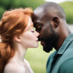 A pale redhead girl sharing a tender kiss with a black man